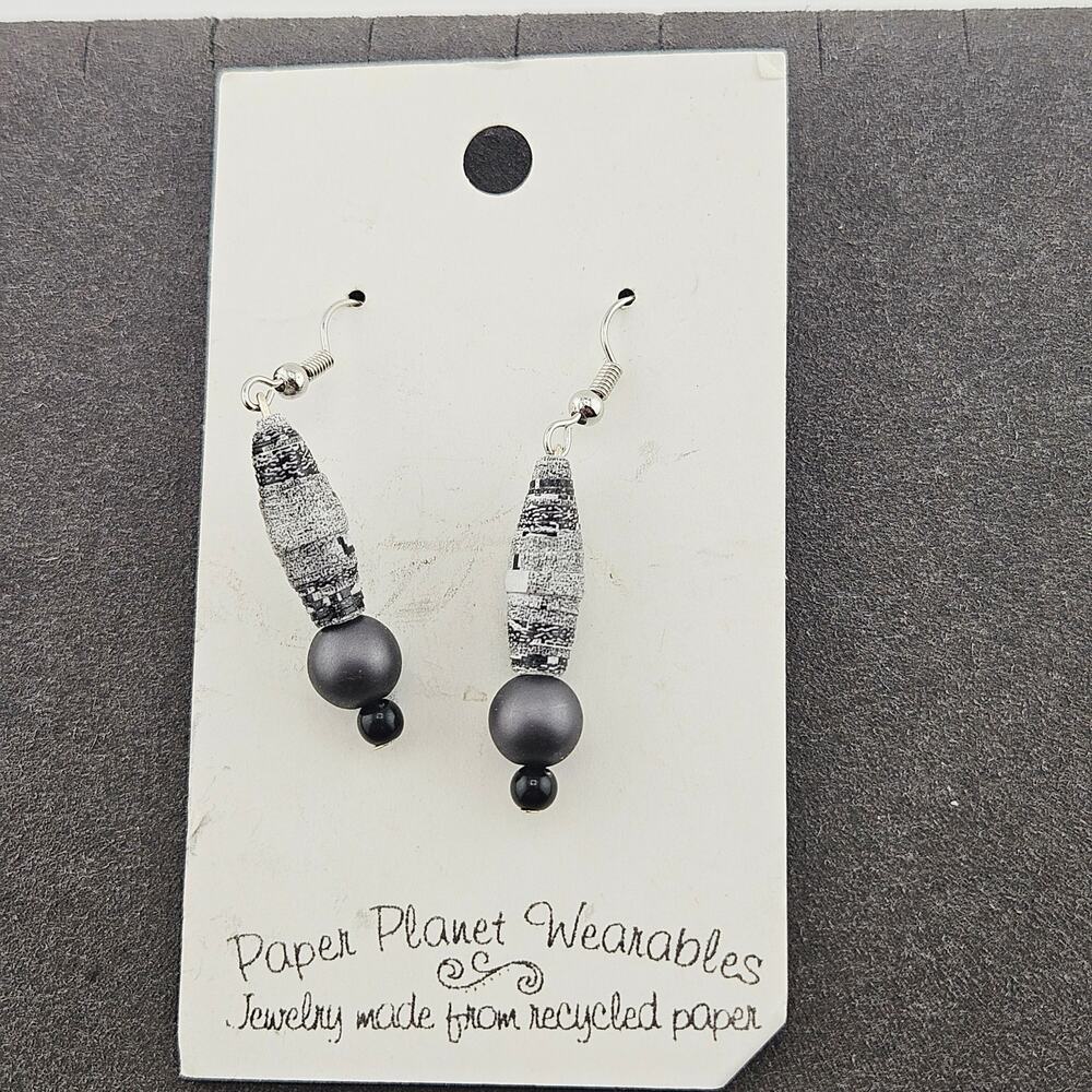 Paper Planet Wearables Recycled Paper Beaded Earrings Black Gray Swirl Artsy